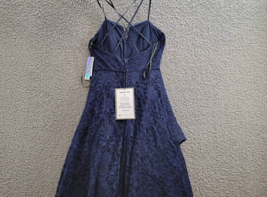 BCX Glitter Floral Spaghetti Strap Notch V-Neck Gown Juniors' 1 Navy Back Zip
