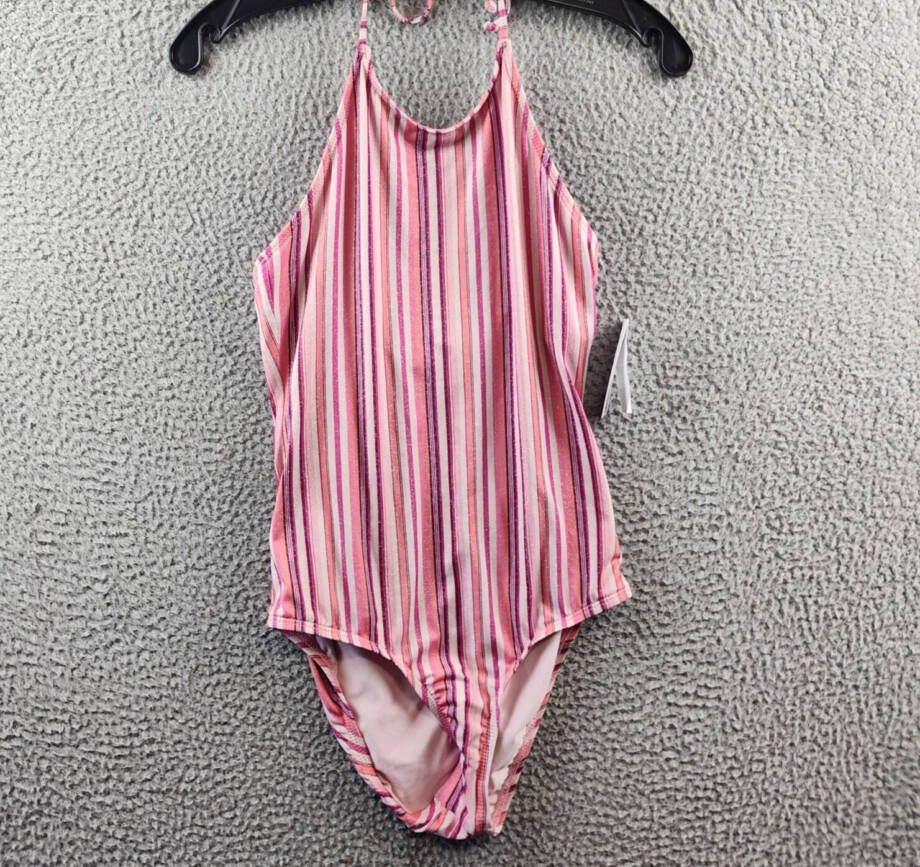 Splendid Lurex One Piece Swimsuit Girls 16 Multi Striped Halter Neck Back Tie