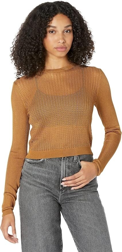 Free People H20 Knit Sweater Women's M Tiger Eye Crew Neck Long Sleeve Pullover