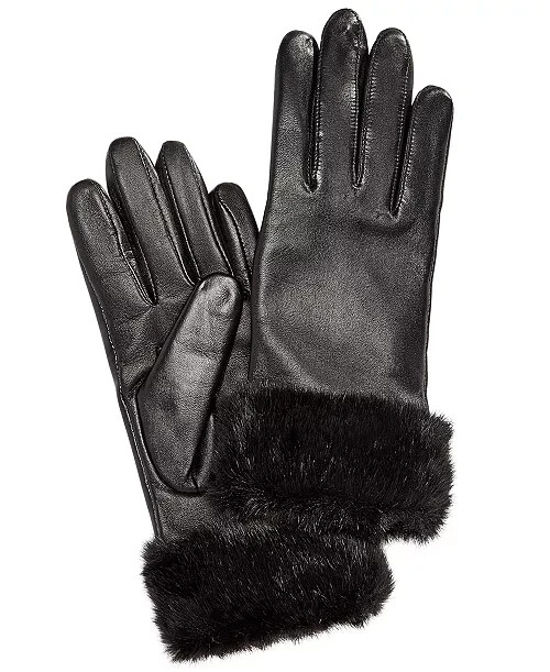 Charter Club Faux Fur-Cuff Leather Gloves Women's M Black Touchscreen Friendly