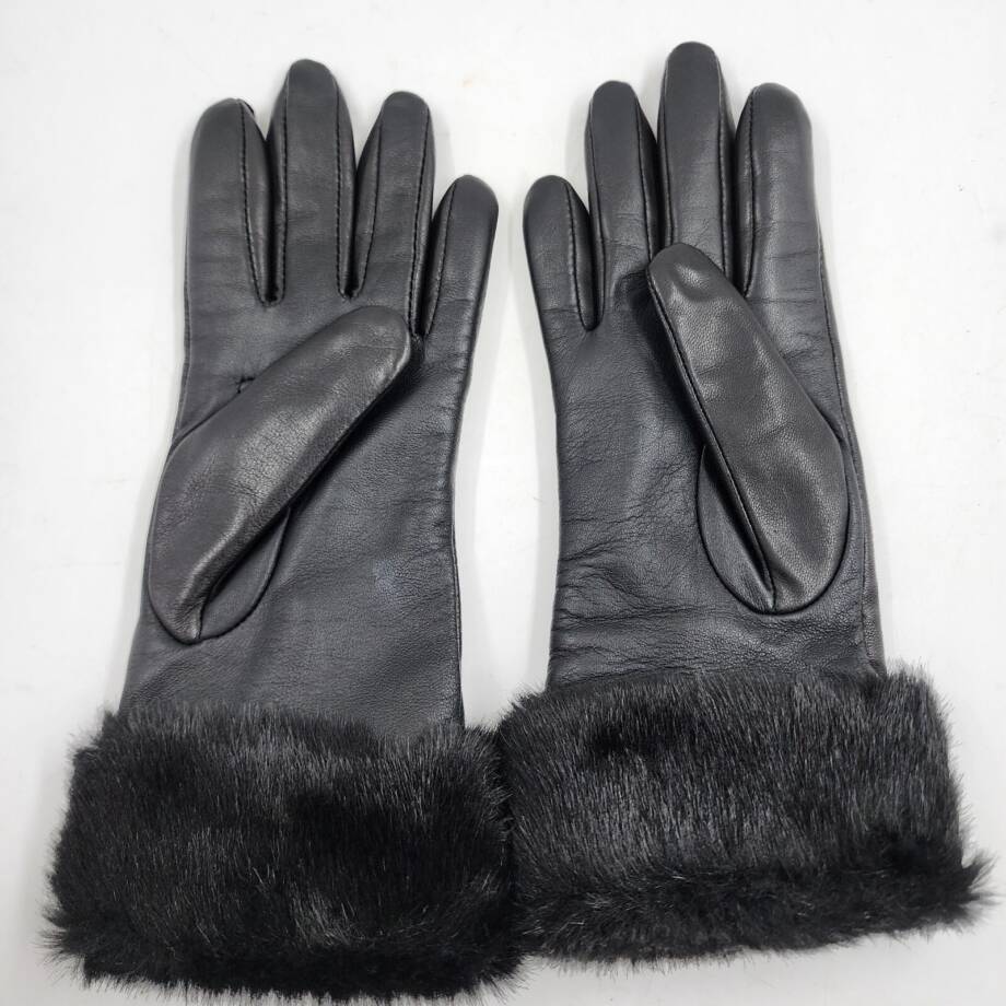 Charter Club Faux Fur-Cuff Leather Gloves Women's M Black Touchscreen Friendly