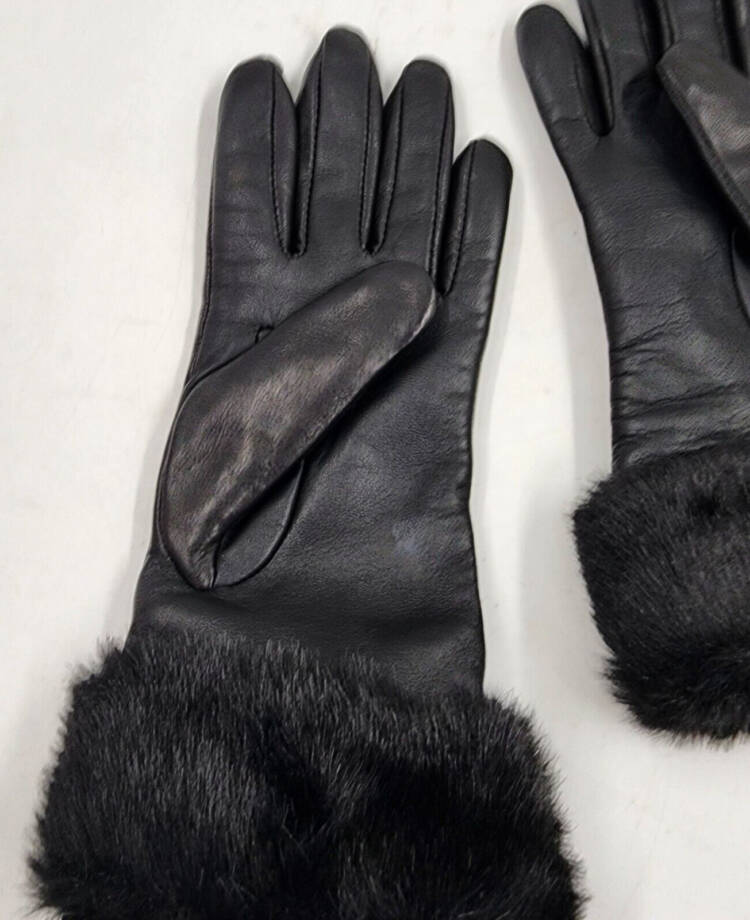 Charter Club Faux Fur-Cuff Leather Gloves Women's M Black Touchscreen Friendly