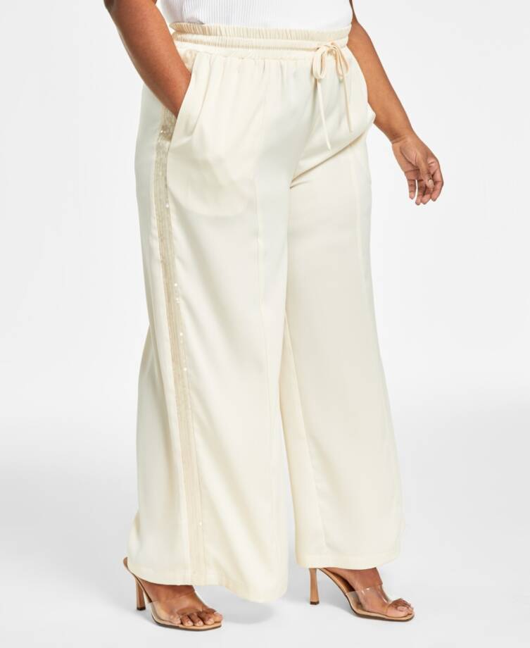 Nina Parker Plus Size Sequin-Stripe Wide-Leg Pants Women's 1X Wheat Pull On