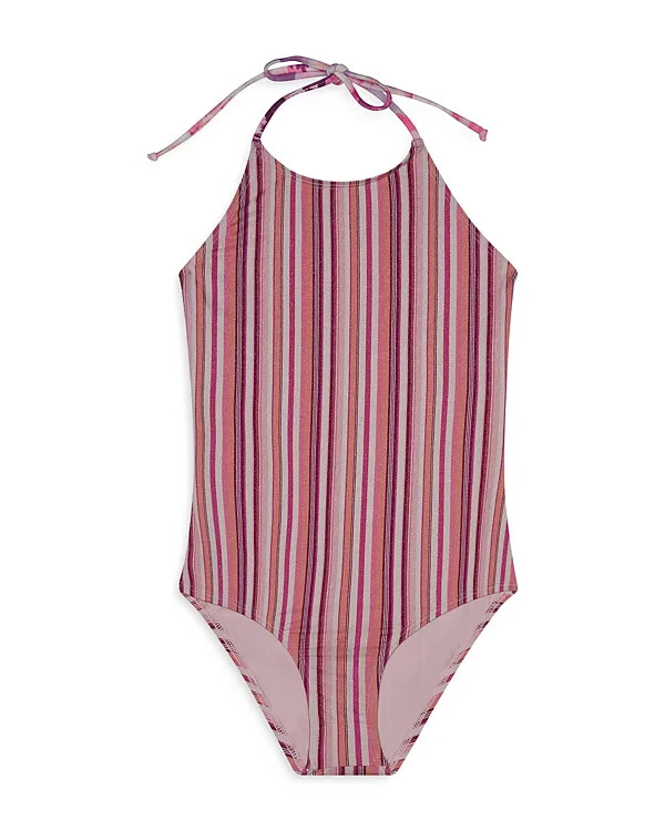 Splendid Lurex One Piece Swimsuit Girls 10 Multi Striped Print High Neck Pull-On
