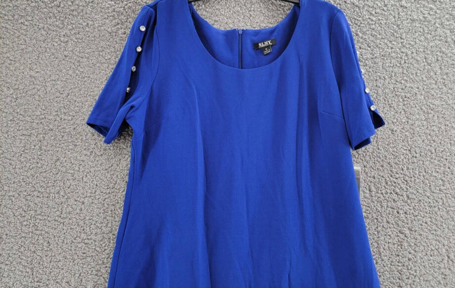 SLNY Fashions Beaded-Sleeve Sheath Dress Women's 16 Cobalt Scoop Neck Back Zip