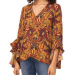 VINCE CAMUTO Ruffled Sleeve V-Neck Blouse Women's XXS Multi Printed Pullover
