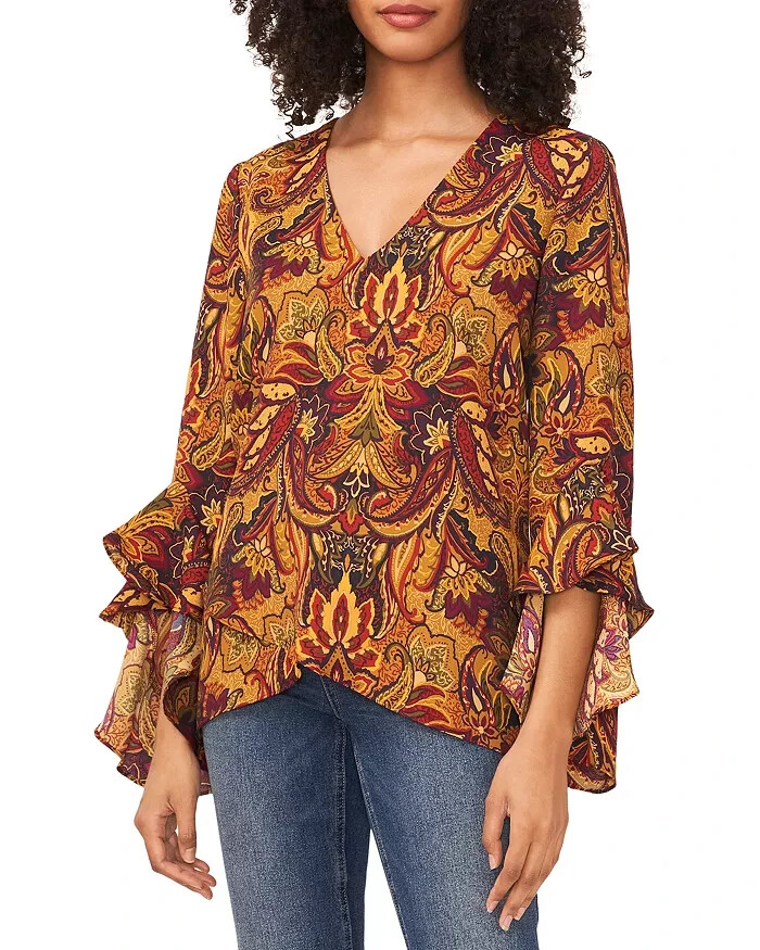 VINCE CAMUTO Ruffled Sleeve V-Neck Blouse Women's XXS Multi Printed Pullover