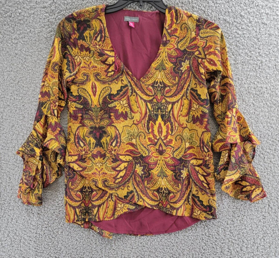 VINCE CAMUTO Ruffled Sleeve V-Neck Blouse Women's XXS Multi Printed Pullover