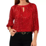 VINCE CAMUTO Sequined Keyhole Blouse Women's XS Ultra Red Button Closure