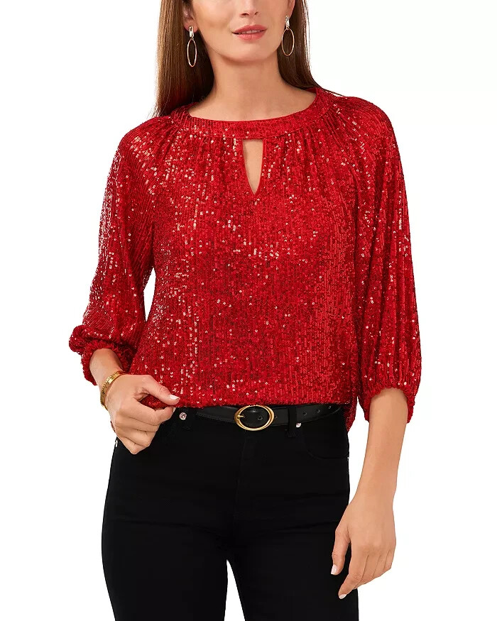 VINCE CAMUTO Sequined Keyhole Blouse Women's XS Ultra Red Button Closure