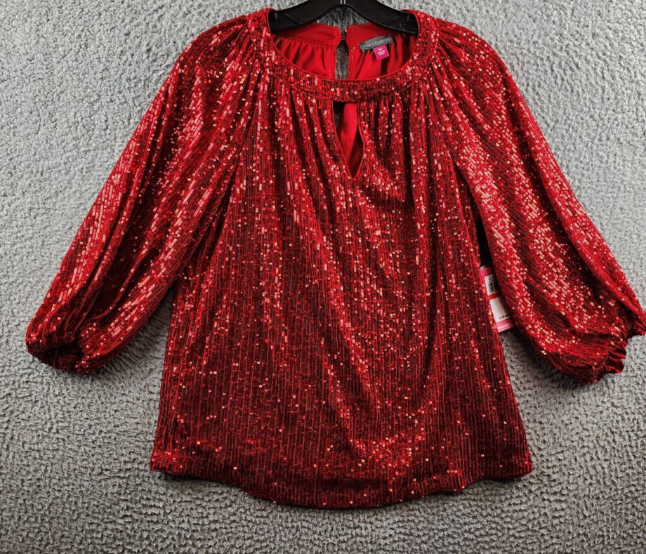 VINCE CAMUTO Sequined Keyhole Blouse Women's XS Ultra Red Button Closure