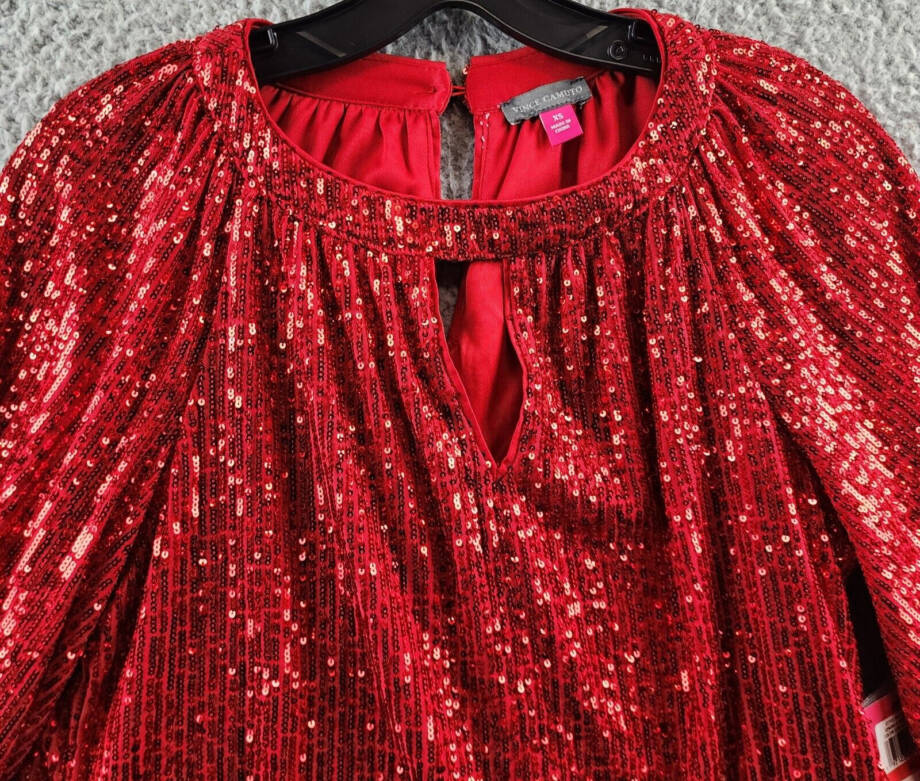 VINCE CAMUTO Sequined Keyhole Blouse Women's XS Ultra Red Button Closure