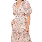 1.STATE Printed Bubble Sleeve Mini Dress Women's XXS Tapioca V-Neck Lined Zip~