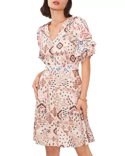 1.STATE Printed Bubble Sleeve Mini Dress Women's XXS Tapioca V-Neck Lined Zip~