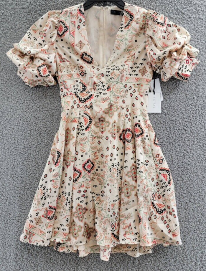 1.STATE Printed Bubble Sleeve Mini Dress Women's XXS Tapioca V-Neck Lined Zip~