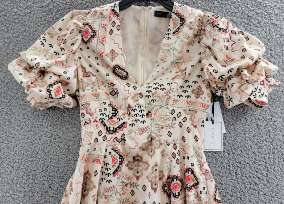 1.STATE Printed Bubble Sleeve Mini Dress Women's XXS Tapioca V-Neck Lined Zip~