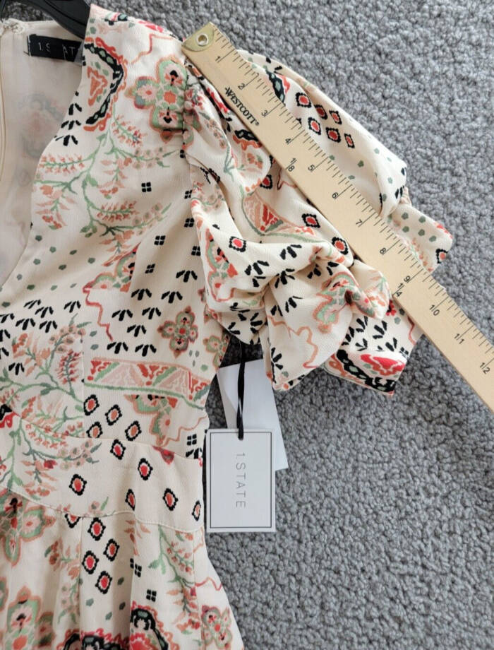 1.STATE Printed Bubble Sleeve Mini Dress Women's XXS Tapioca V-Neck Lined Zip~