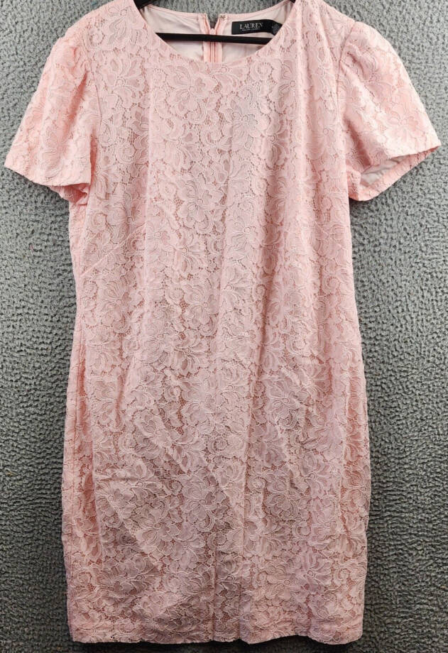 Lauren Ralph Lauren Floral Lace Sheath Dress Women's 18 Pink Opal Short Sleeve