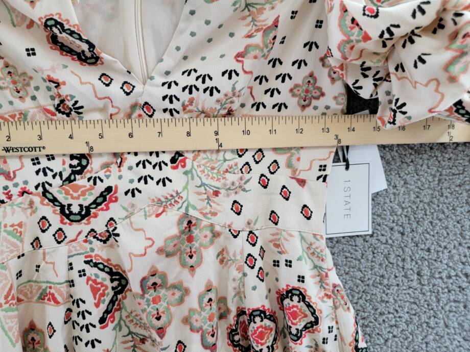 1.STATE Printed Bubble Sleeve Mini Dress Women's XXS Tapioca V-Neck Lined Zip~