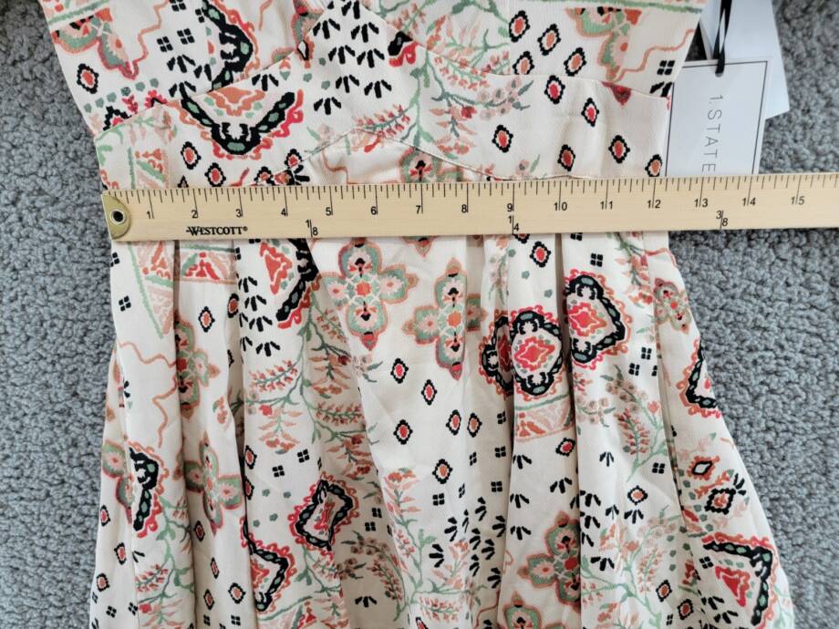 1.STATE Printed Bubble Sleeve Mini Dress Women's XXS Tapioca V-Neck Lined Zip~