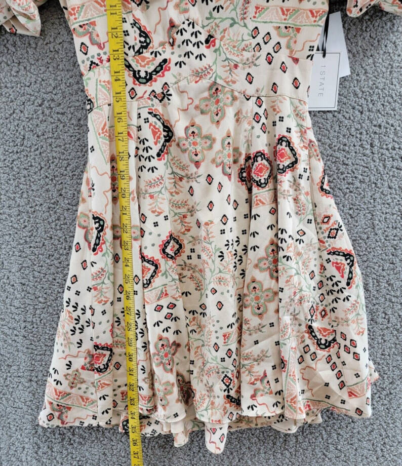 1.STATE Printed Bubble Sleeve Mini Dress Women's XXS Tapioca V-Neck Lined Zip~