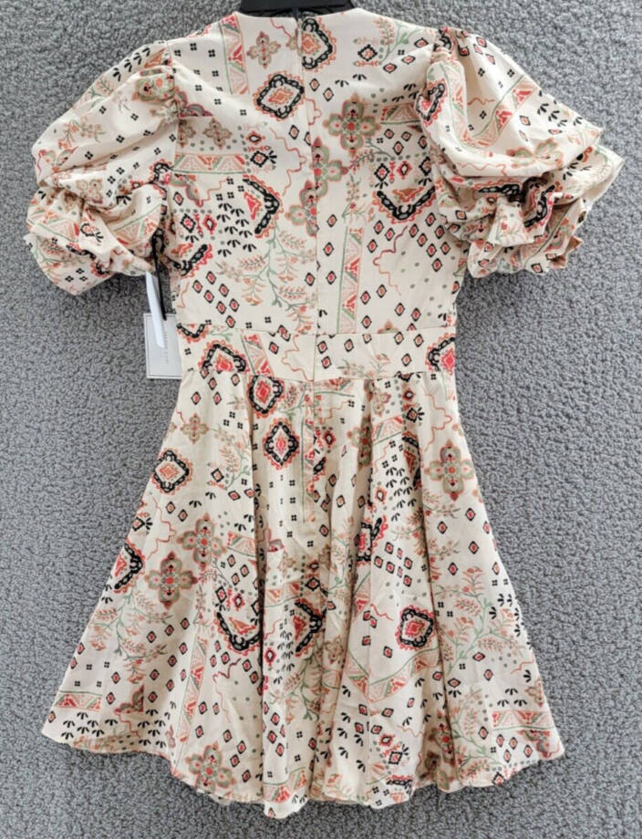 1.STATE Printed Bubble Sleeve Mini Dress Women's XXS Tapioca V-Neck Lined Zip~