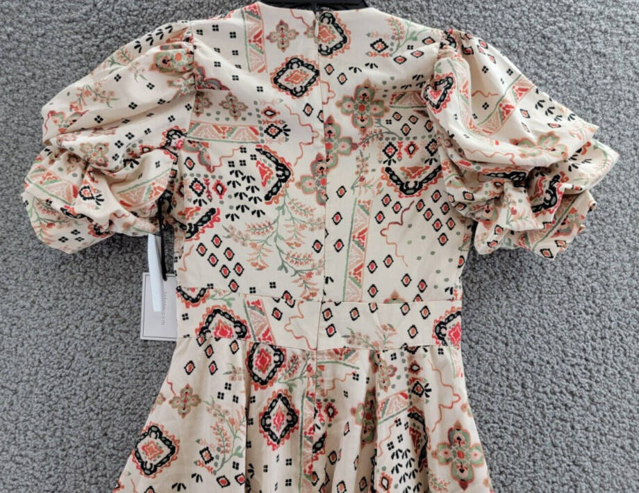 1.STATE Printed Bubble Sleeve Mini Dress Women's XXS Tapioca V-Neck Lined Zip~