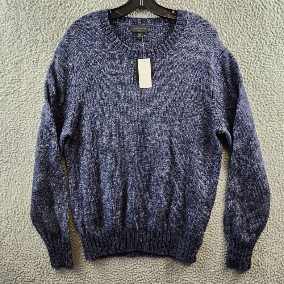 Magaschoni Crewneck Sweater Men's M Navy Heather Ribbed Hem Long Sleeve Pullover