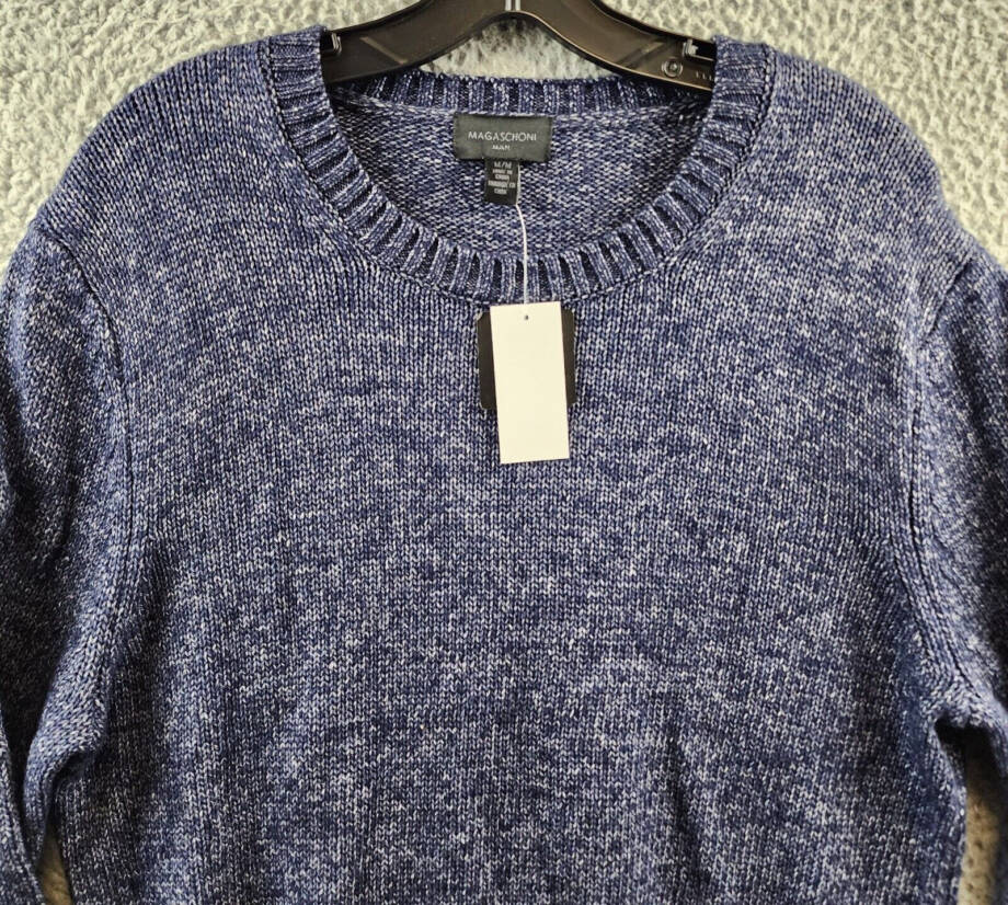 Magaschoni Crewneck Sweater Men's M Navy Heather Ribbed Hem Long Sleeve Pullover