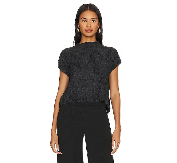 Free People Freya Sweater Women's XL Charcoal Combo Patch Pocket Short Sleeve