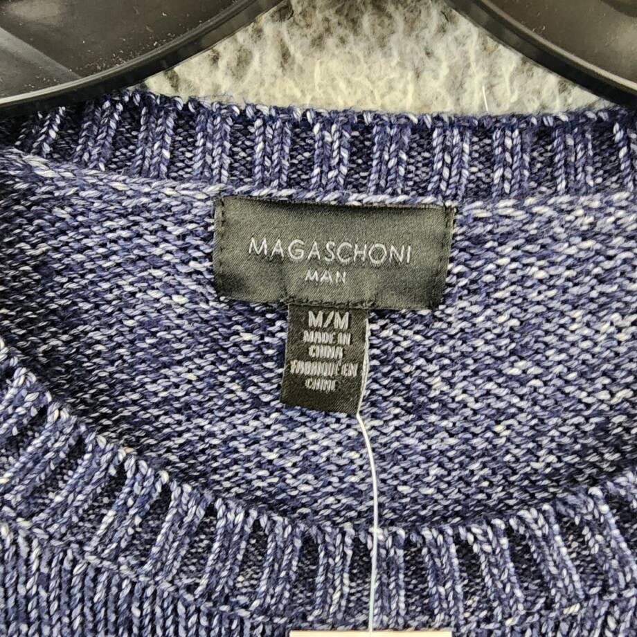 Magaschoni Crewneck Sweater Men's M Navy Heather Ribbed Hem Long Sleeve Pullover