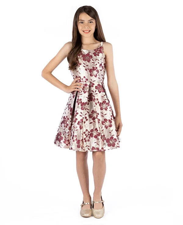 Speechless Floral Fit & Flare Dress Girls 16 Champagne Burgundy Zip Closure~