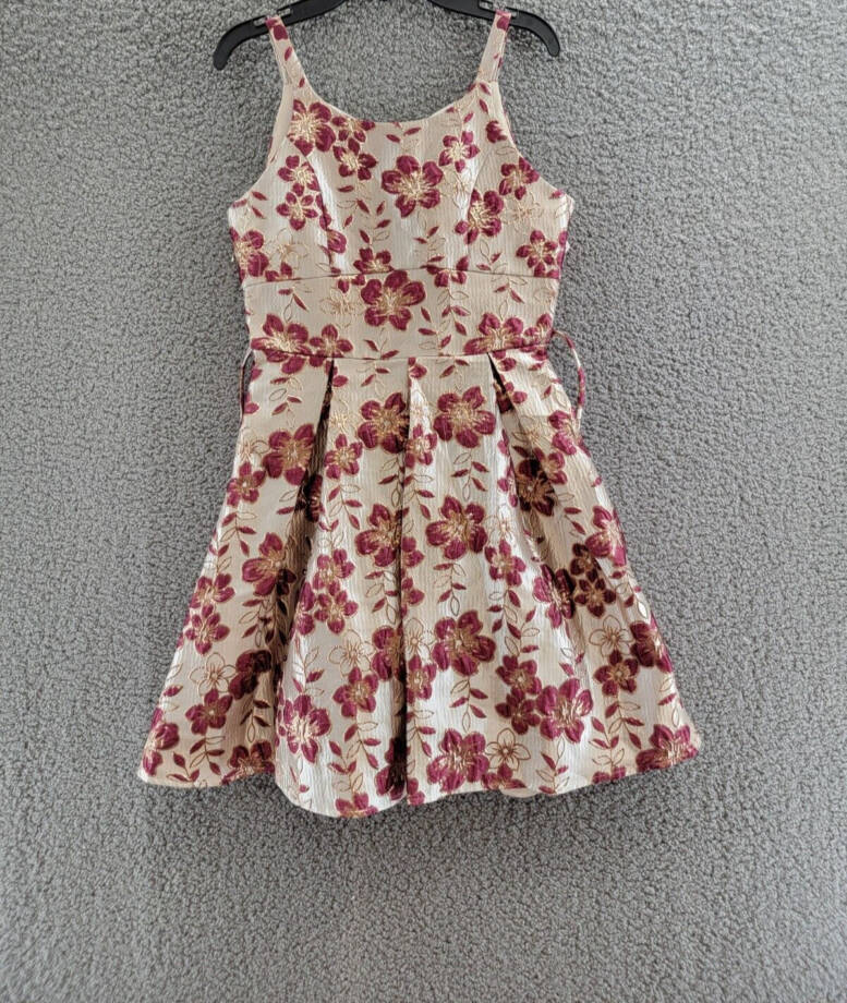 Speechless Floral Fit & Flare Dress Girls 16 Champagne Burgundy Zip Closure~