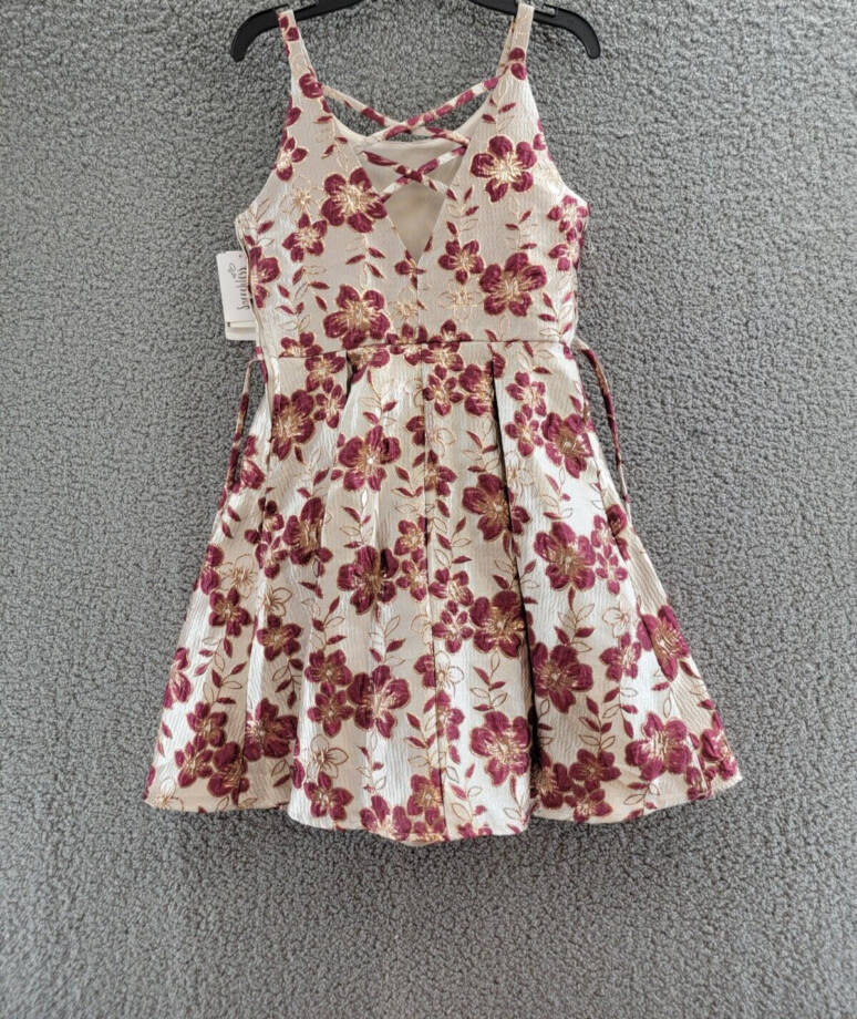 Speechless Floral Fit & Flare Dress Girls 16 Champagne Burgundy Zip Closure~