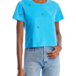 CHASER Embroidered Strawberries T-shirt Women's S Blue Short Sleeve Pullover