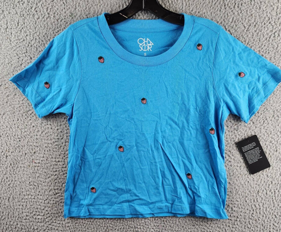 CHASER Embroidered Strawberries T-shirt Women's S Blue Short Sleeve Pullover