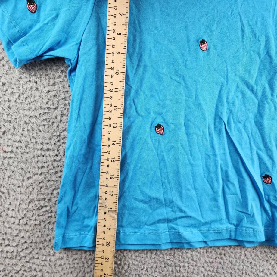 CHASER Embroidered Strawberries T-shirt Women's S Blue Short Sleeve Pullover