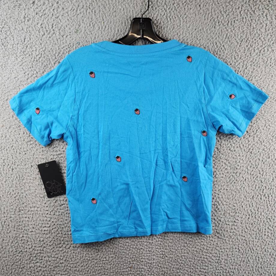 CHASER Embroidered Strawberries T-shirt Women's S Blue Short Sleeve Pullover