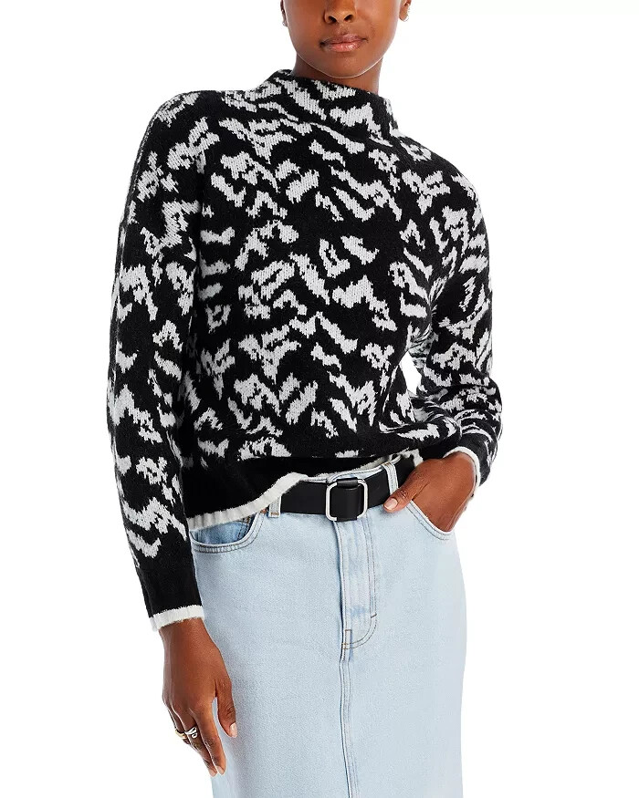 AQUA Animal Print Mock Neck Sweater Women's M Black/White Long Sleeve Pullover