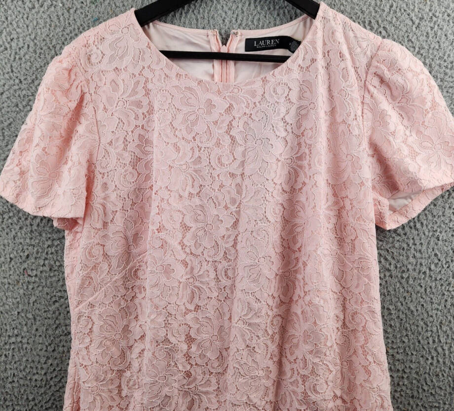 Lauren Ralph Lauren Floral Lace Sheath Dress Women's 18 Pink Opal Short Sleeve