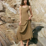 a. ren Linen Blend Ribbed Amber Maxi Dress Women's S Brown Sleeveless Pullover~