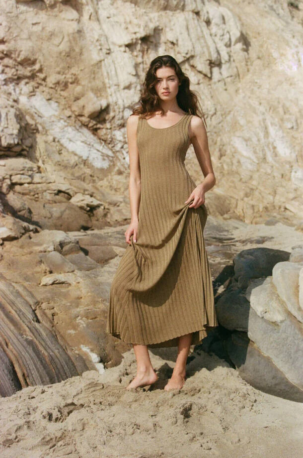 a. ren Linen Blend Ribbed Amber Maxi Dress Women's S Brown Sleeveless Pullover~