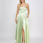 Speechless Satin Front-Slit Lace-Up Gown Juniors' 5 Pistachio Back Zip Closure