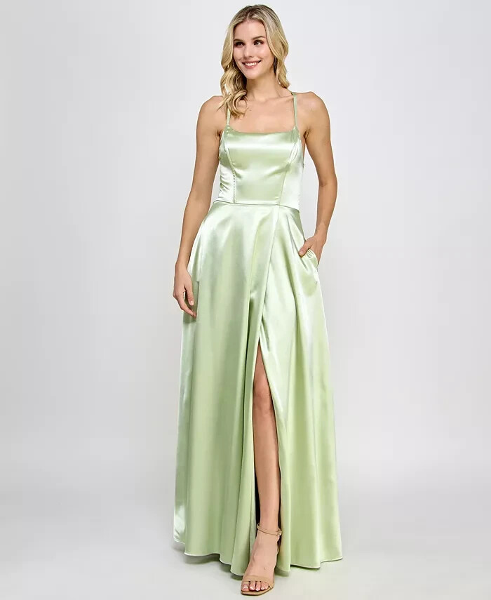 Speechless Satin Front-Slit Lace-Up Gown Juniors' 5 Pistachio Back Zip Closure