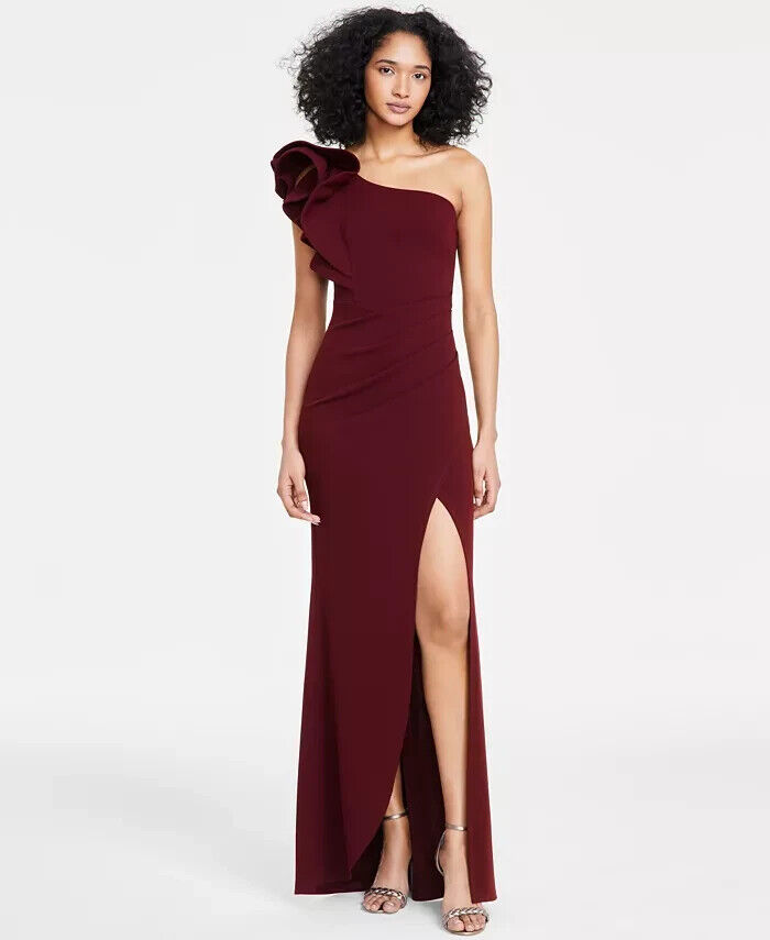 Emerald Sundae Ruffle-Shoulder Mermaid Gown Juniors XS Wine Back Zip Closure