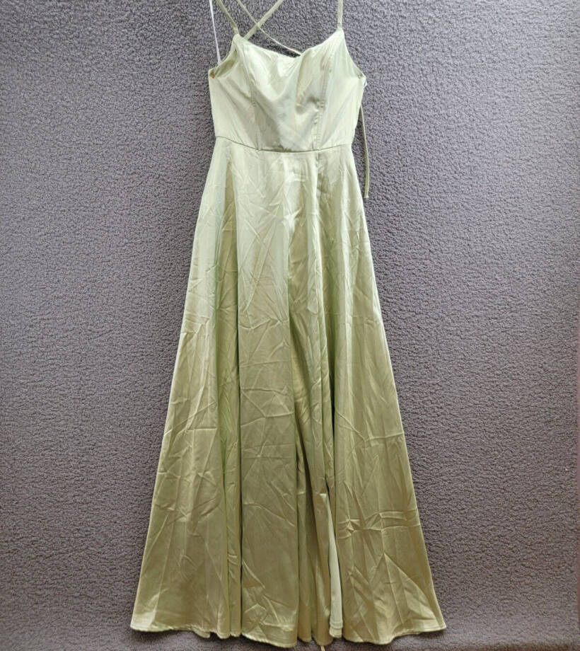 Speechless Satin Front-Slit Lace-Up Gown Juniors' 5 Pistachio Back Zip Closure