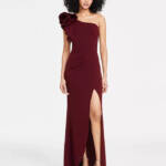 Emerald Sundae Ruffle-Shoulder Mermaid Gown Juniors' S Wine Asymmetric Back Zip