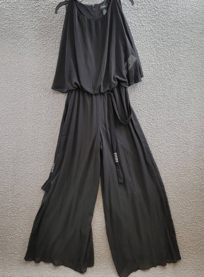MSK Blouson Wide Leg Jumpsuit Women's M Black Scoop Neck Belted Back Zip Closure