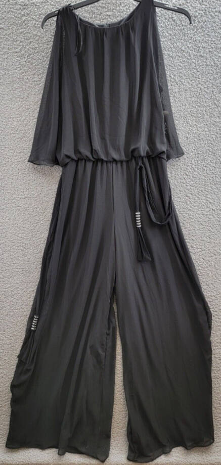 MSK Blouson Jumpsuit Women's L Black Wide Leg Scoop Neckline Hook & Eye Closure~