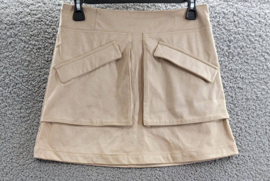 Steve Madden Cardona Faux-Suede Oversize-Pocket Skirt Women's 6 Oatmeal Back Zip